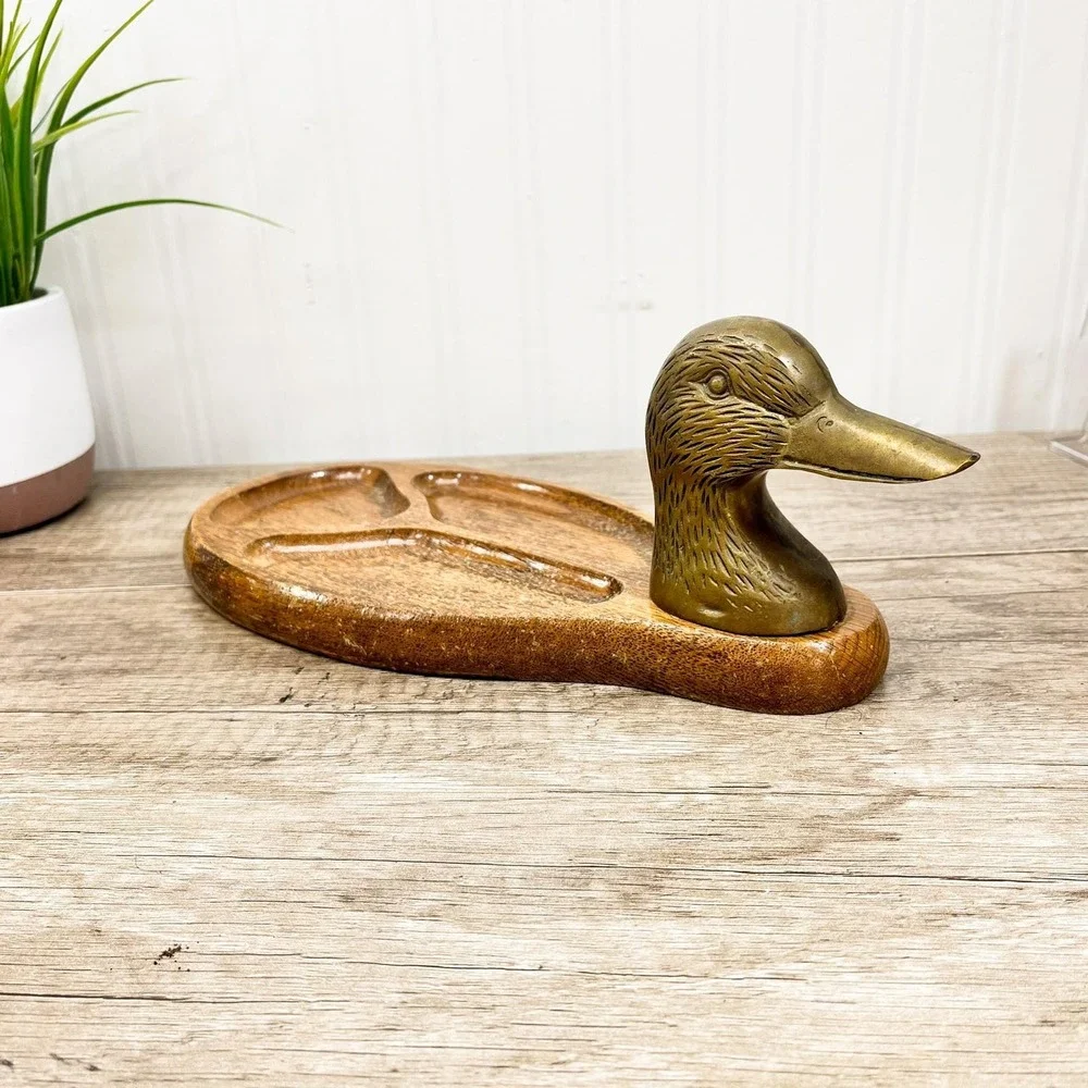 Vintage‎ Brass Duck Tray: Wood Catch All Tray Valet Organizer